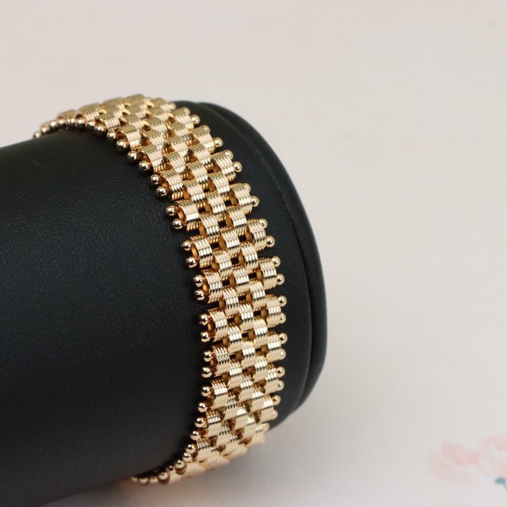 "Elegant Rose Gold Wide Chain Bracelet with Beaded Edge Design, XPBL0866 - Picture 6 of 12